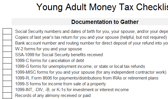Young Adult Money Tax Checklist