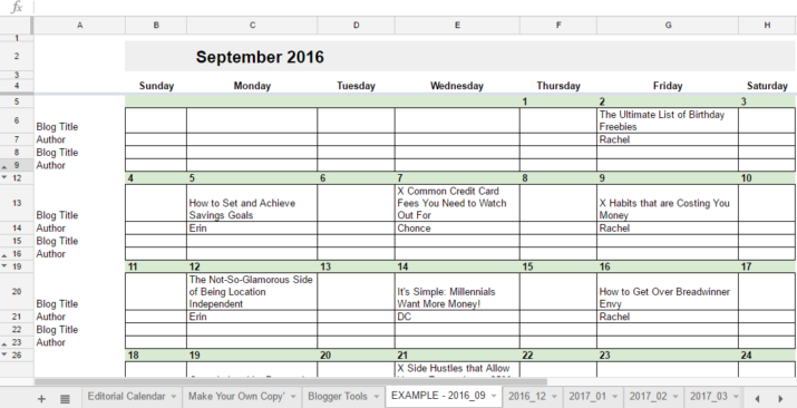 September 2016 Example Editorial Calendar Google Sheets