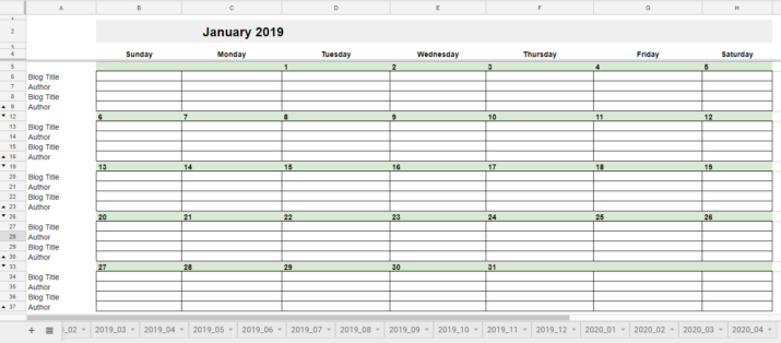 Free 2019 Editorial Calendar in Google Sheets - January