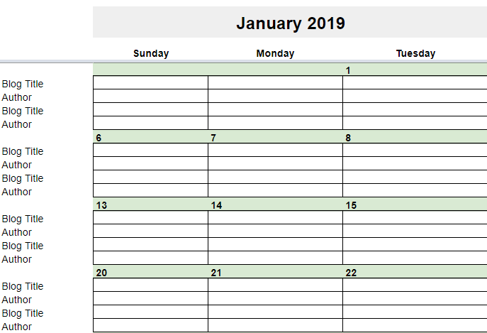 Free 2019 Editorial Calendar in Google Sheets - January Closeup