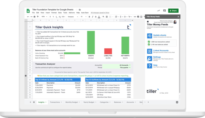 Tiller Dashboard View of Spreadsheet