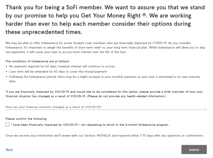 SoFi 60 Day Forbearance Coronavirus COVID Crisis Student Loans