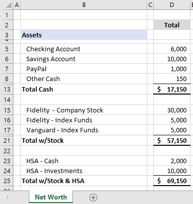 Net Worth Spreadsheet Cash NonRetirement HSA