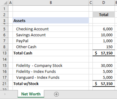 Net Worth Spreadsheet Cash and NonRetirement Investments
