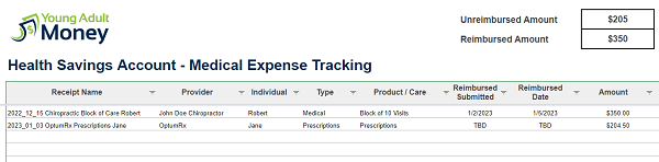 HSA Health Savings Account Medical Expense Spreadsheet